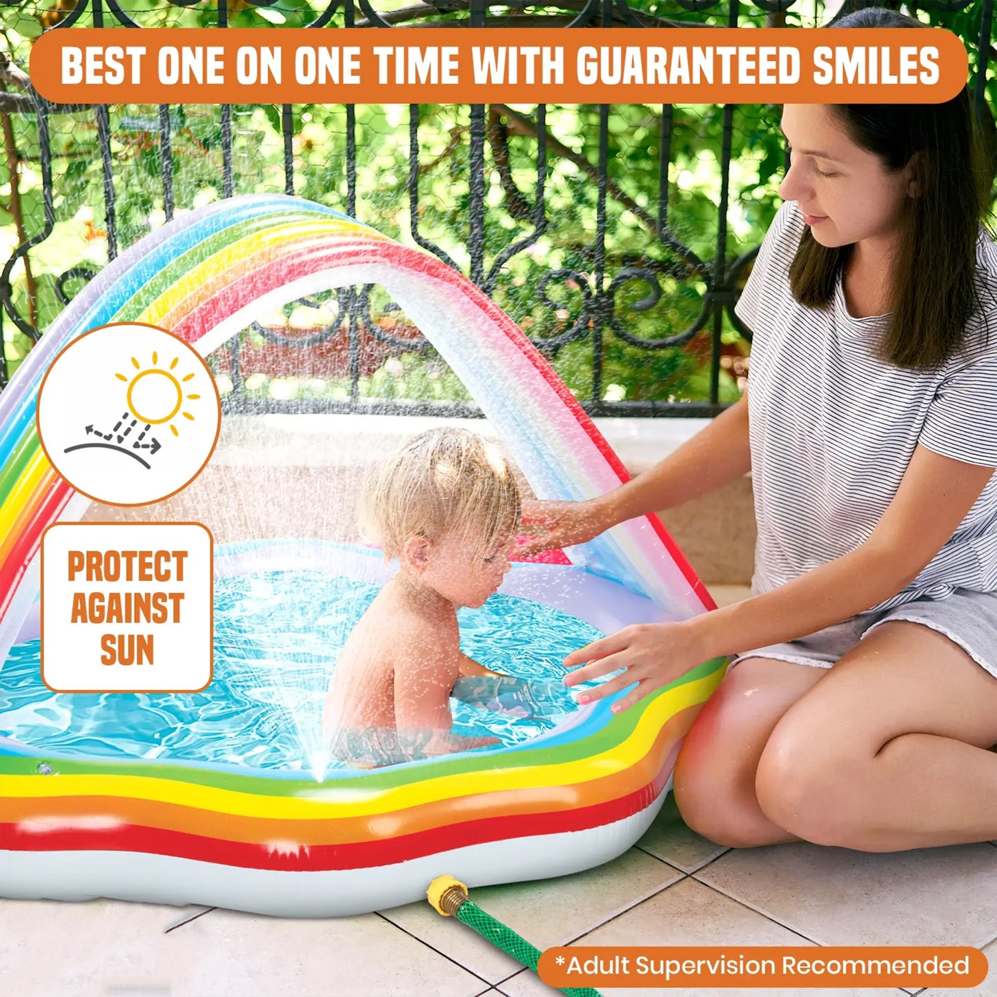 Rainbow Cloud Inflatable Baby Pool with Canopy & Sprinkler – Toddler Splash Pool Ages 1-3