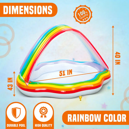 Rainbow Cloud Inflatable Baby Pool with Canopy & Sprinkler – Toddler Splash Pool Ages 1-3